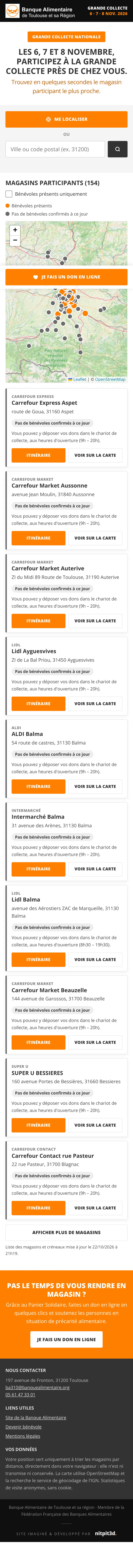 Page Grande Collecte sur mobile : localisation, carte des magasins, liste et don en ligne